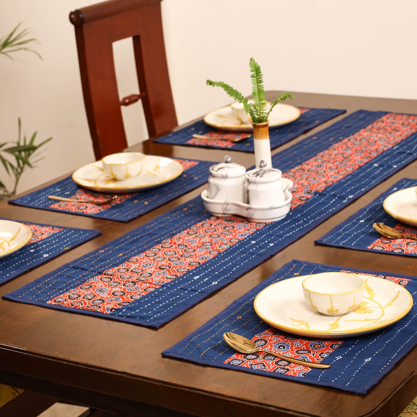 Blue - Tagai Work Ajrakh Block Print Cotton Dining Table Runner with Mat Set 39