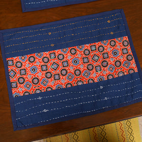 Blue - Tagai Work Ajrakh Block Print Cotton Dining Table Runner with Mat Set 39