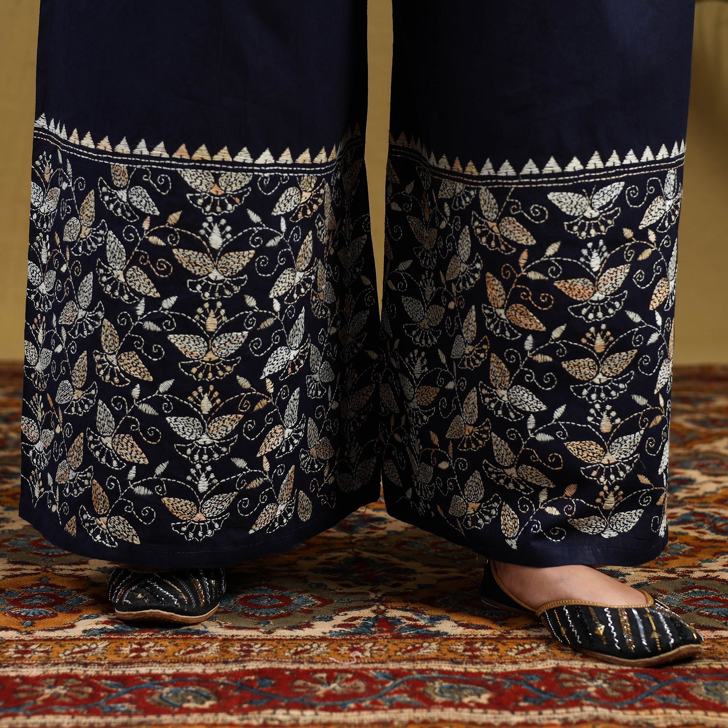  Blue Cotton Bengal Kantha Hand Embroidery Palazzo