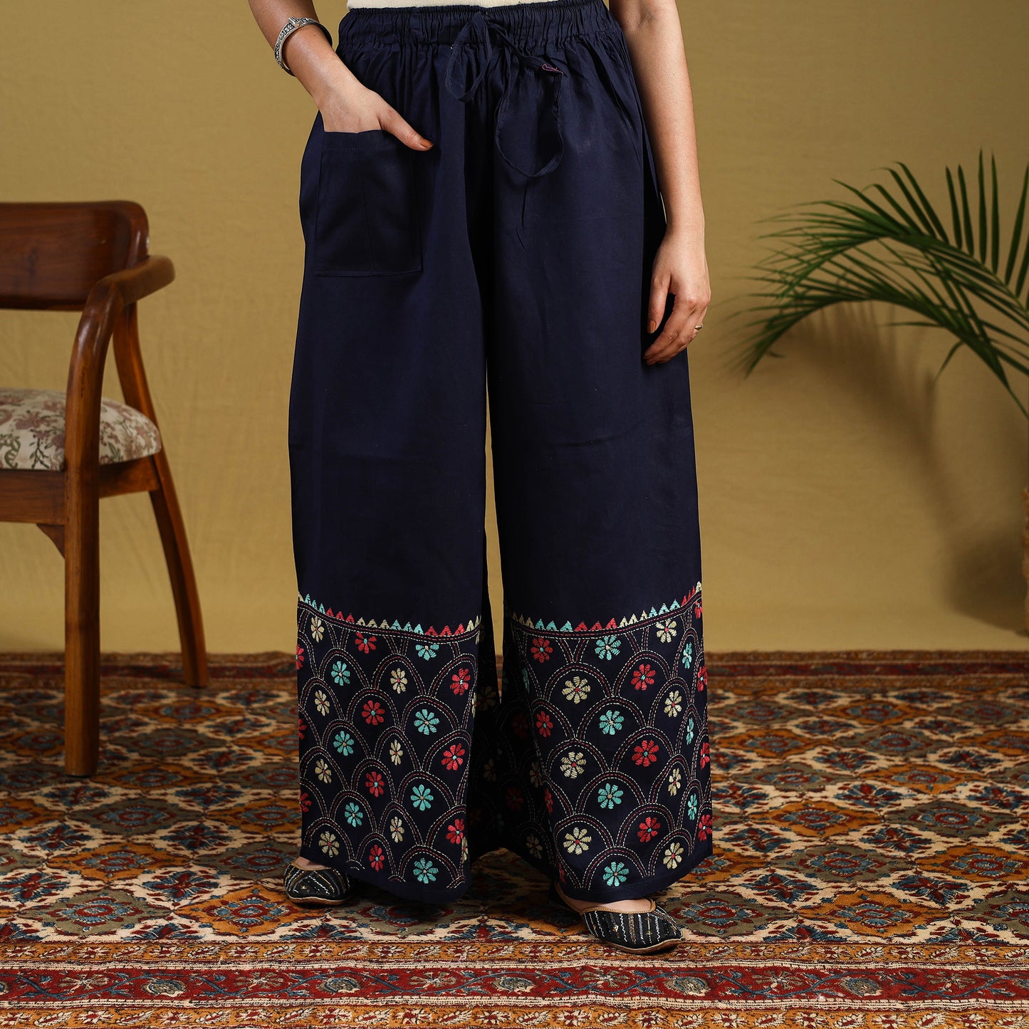  Blue Cotton Bengal Kantha Hand Embroidery Palazzo