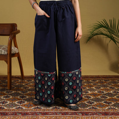  Blue Cotton Bengal Kantha Hand Embroidery Palazzo