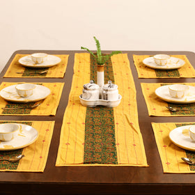 Yellow - Tagai Work Ajrakh Block Print Cotton Dining Table Runner with Mat Set 40