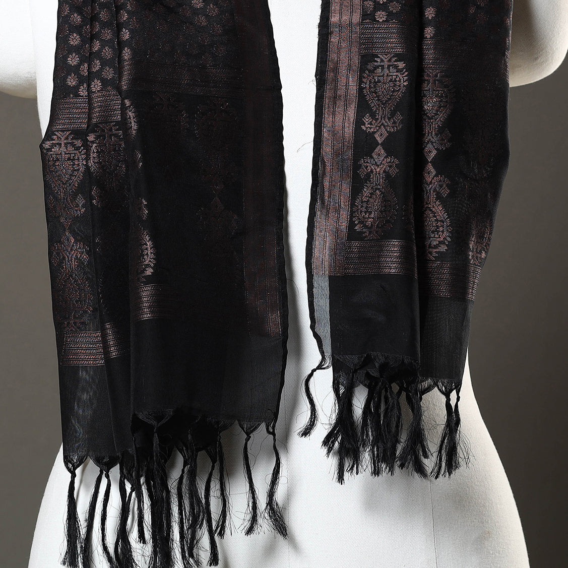 Black - Banarasi Brocade Handloom Mulberry Silk Stole with Tassels 02