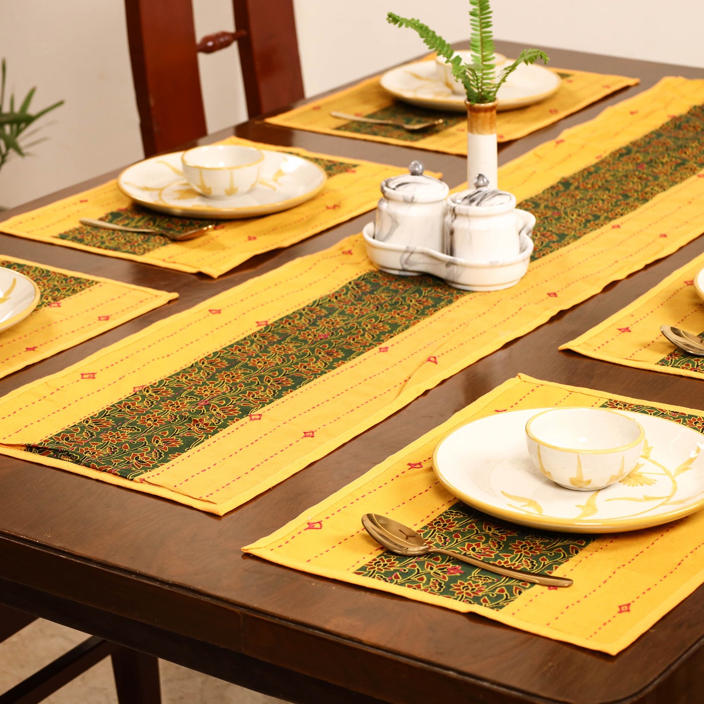 Yellow - Tagai Work Ajrakh Block Print Cotton Dining Table Runner with Mat Set 40