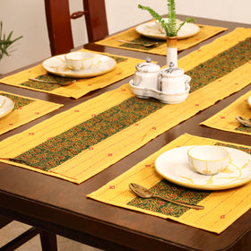 Yellow - Tagai Work Ajrakh Block Print Cotton Dining Table Runner with Mat Set 40
