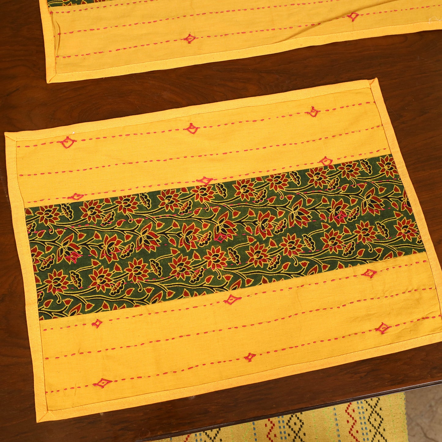 Yellow - Tagai Work Ajrakh Block Print Cotton Dining Table Runner with Mat Set 40