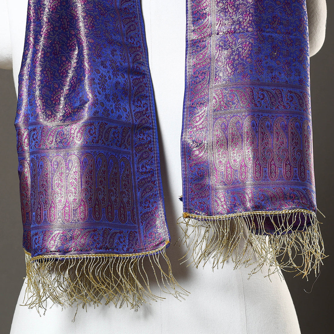 Blue - Banarasi Brocade Handloom Mulberry Silk Stole with Tassels 04
