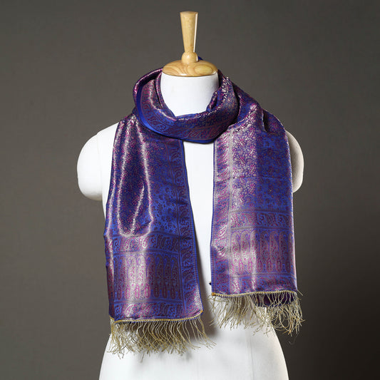 Purple - Banarasi Brocade Handloom Mulberry Silk Stole with Tassels 04