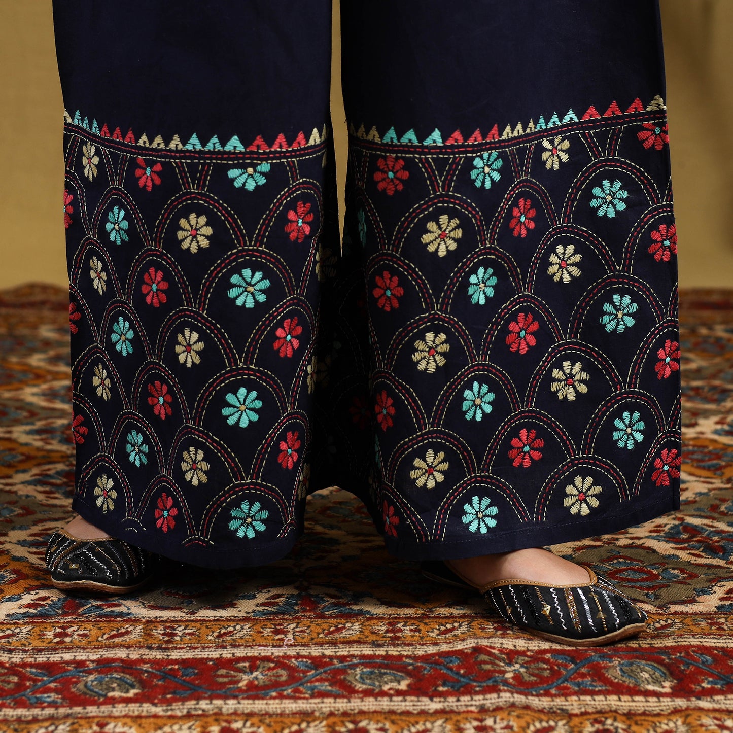  Blue Cotton Bengal Kantha Hand Embroidery Palazzo