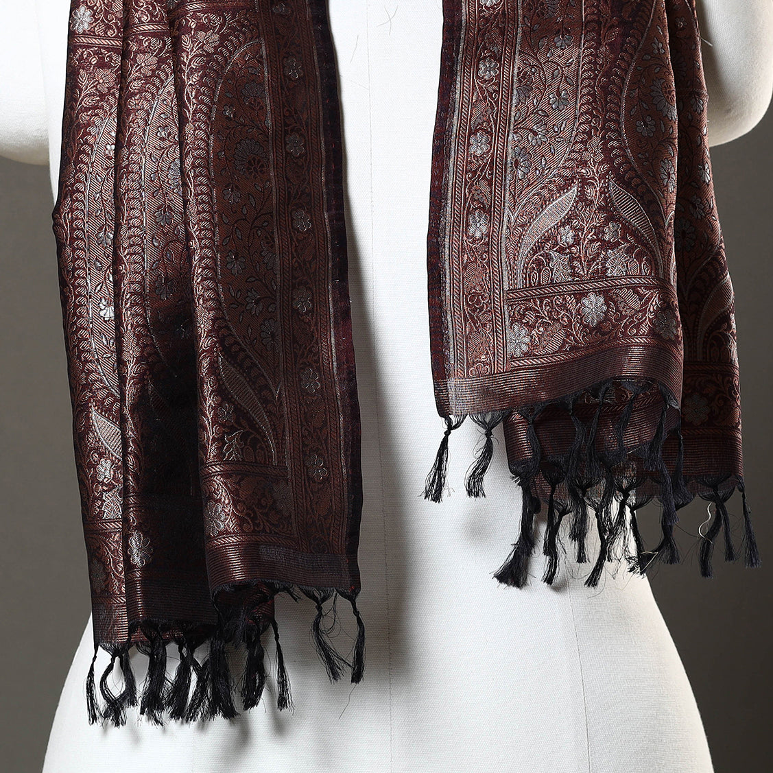 Brown - Banarasi Brocade Handloom Mulberry Silk Stole with Tassels 05