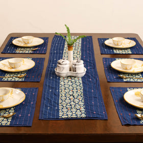 Blue - Tagai Work Ajrakh Block Print Cotton Dining Table Runner with Mat Set 41