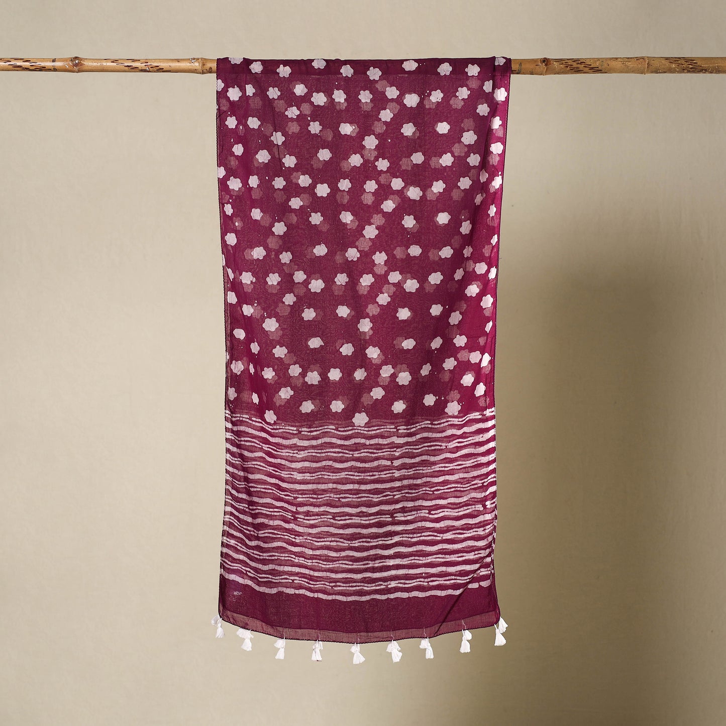 Buy Mul Cotton Hand Batik Print Stole with Tassels