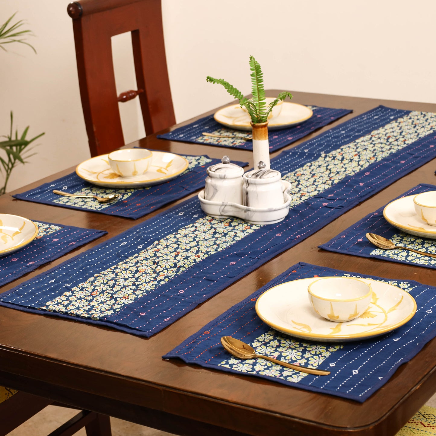 Blue - Tagai Work Ajrakh Block Print Cotton Dining Table Runner with Mat Set 41