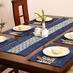 Blue - Tagai Work Ajrakh Block Print Cotton Dining Table Runner with Mat Set 41