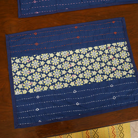 Blue - Tagai Work Ajrakh Block Print Cotton Dining Table Runner with Mat Set 41