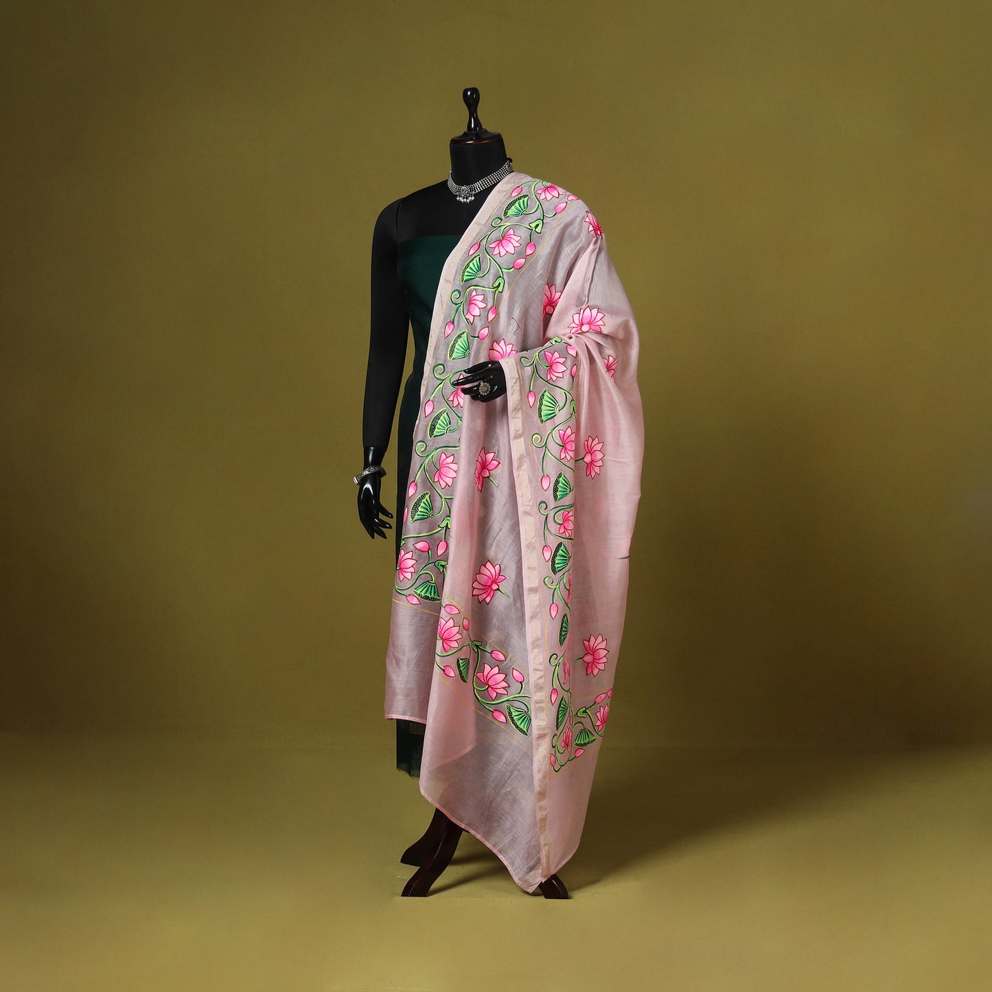 Pink - chanderi silk handpainted pichwai dupatta 04