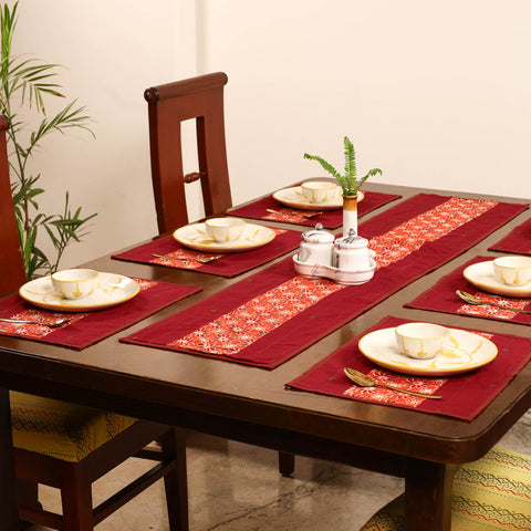 Tagai Work Ajrakh Block Print Cotton Dining Table Runner with Mat Set 42