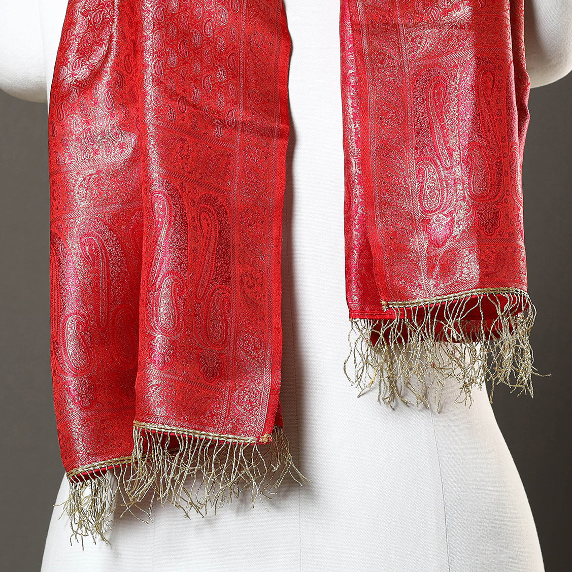 Red - Banarasi Brocade Handloom Mulberry Silk Stole with Tassels 18