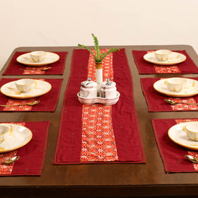 Red - Tagai Work Ajrakh Block Print Cotton Dining Table Runner with Mat Set 42