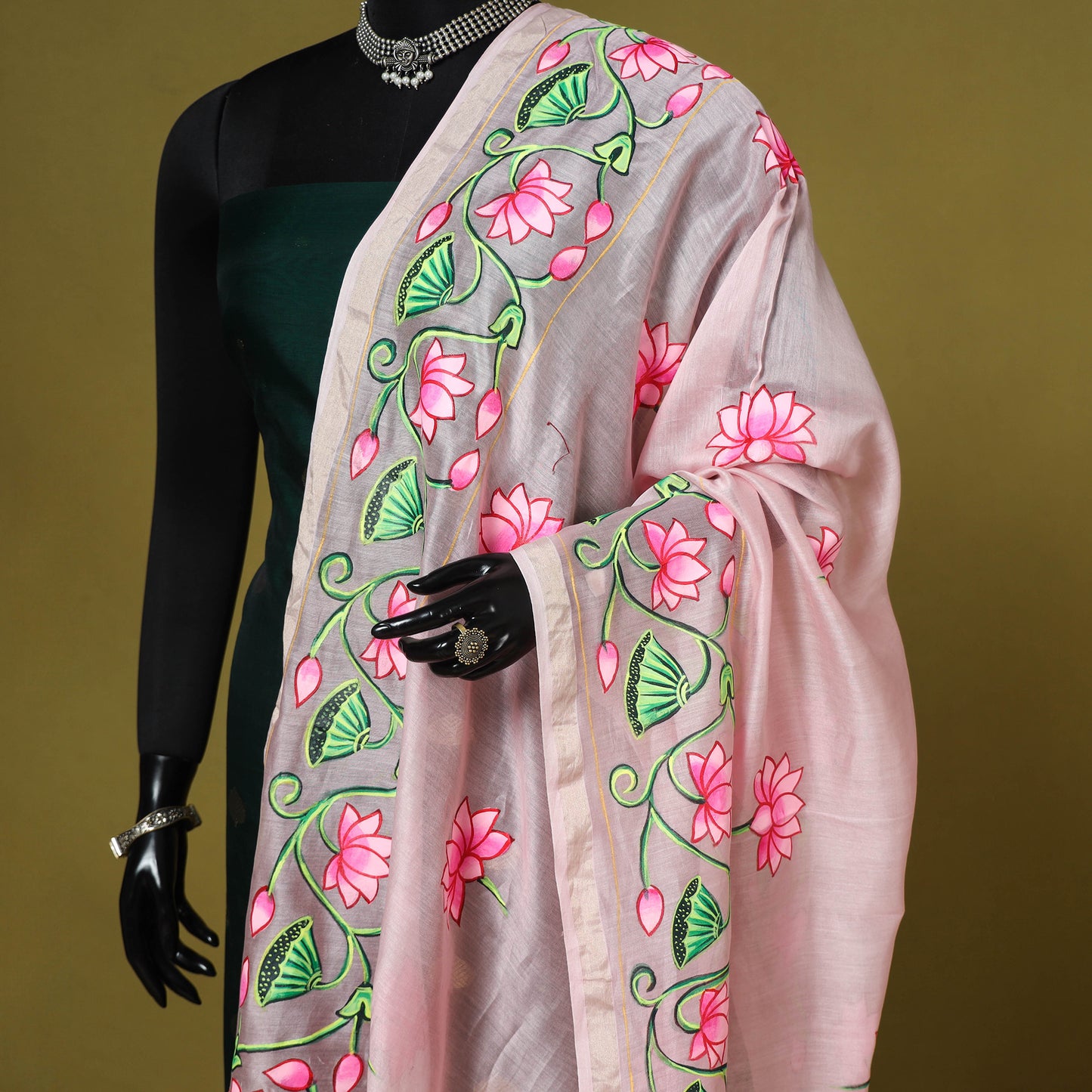 Pink - chanderi silk handpainted pichwai dupatta 04