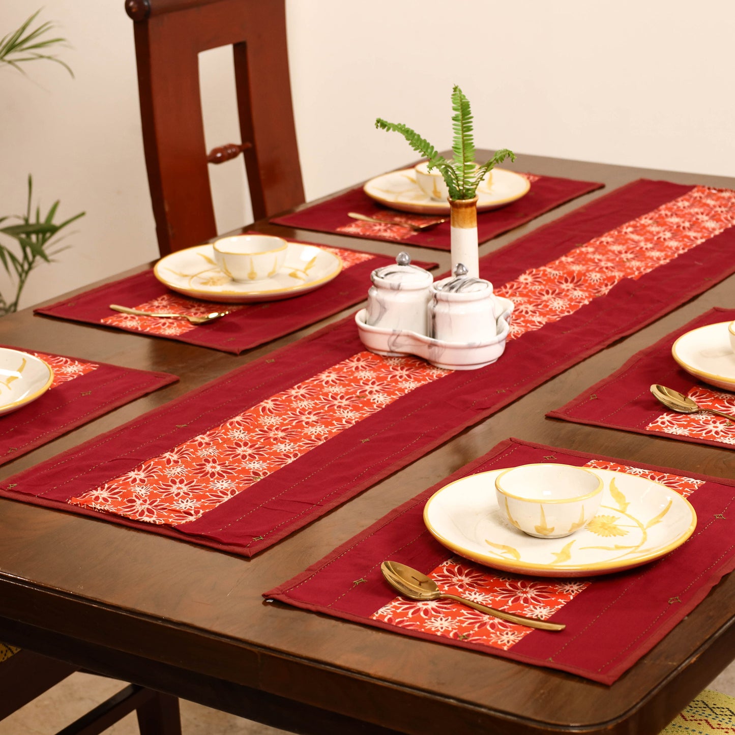 Red - Tagai Work Ajrakh Block Print Cotton Dining Table Runner with Mat Set 42