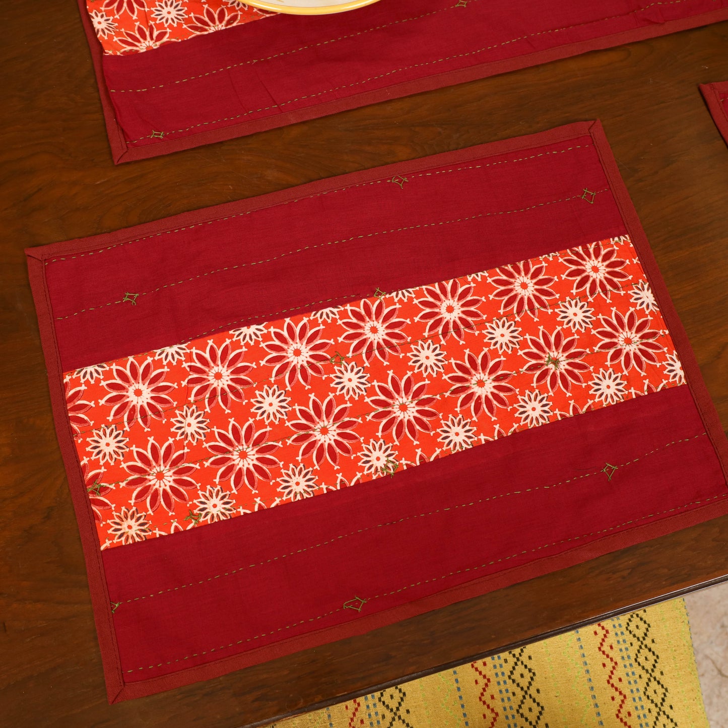 Red - Tagai Work Ajrakh Block Print Cotton Dining Table Runner with Mat Set 42