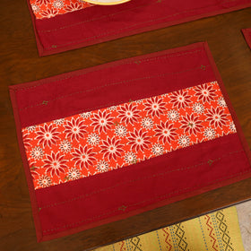 Red - Tagai Work Ajrakh Block Print Cotton Dining Table Runner with Mat Set 42