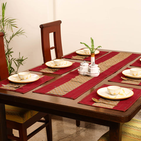 Tagai Work Ajrakh Block Print Cotton Dining Table Runner with Mat Set 43