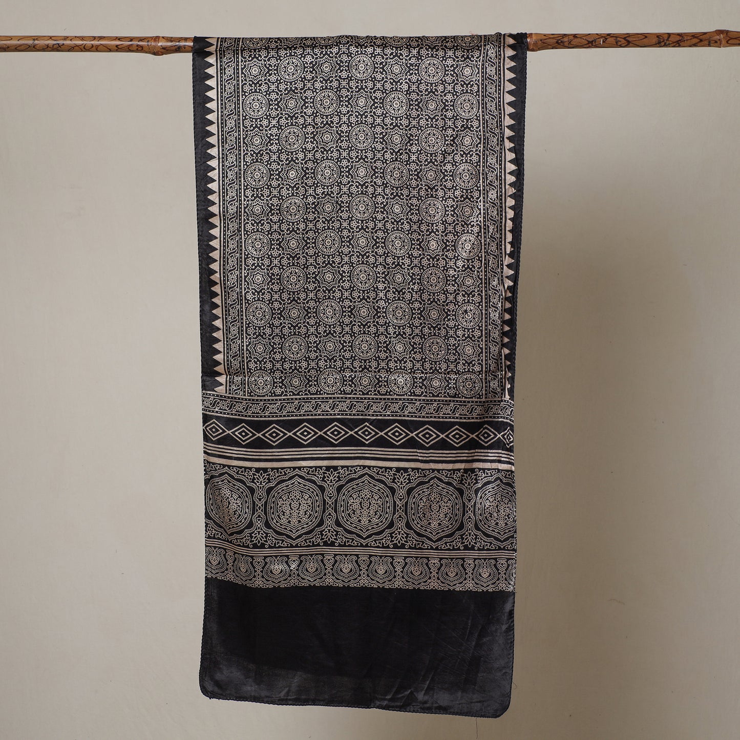 Black - Ajrakh Printed Mashru Silk Stole 36