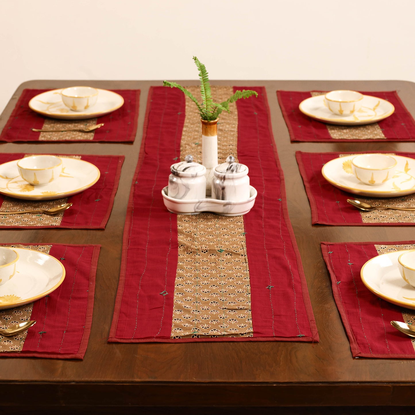 Tagai Work Ajrakh Block Print Cotton Dining Table Runner with Mat Set 43