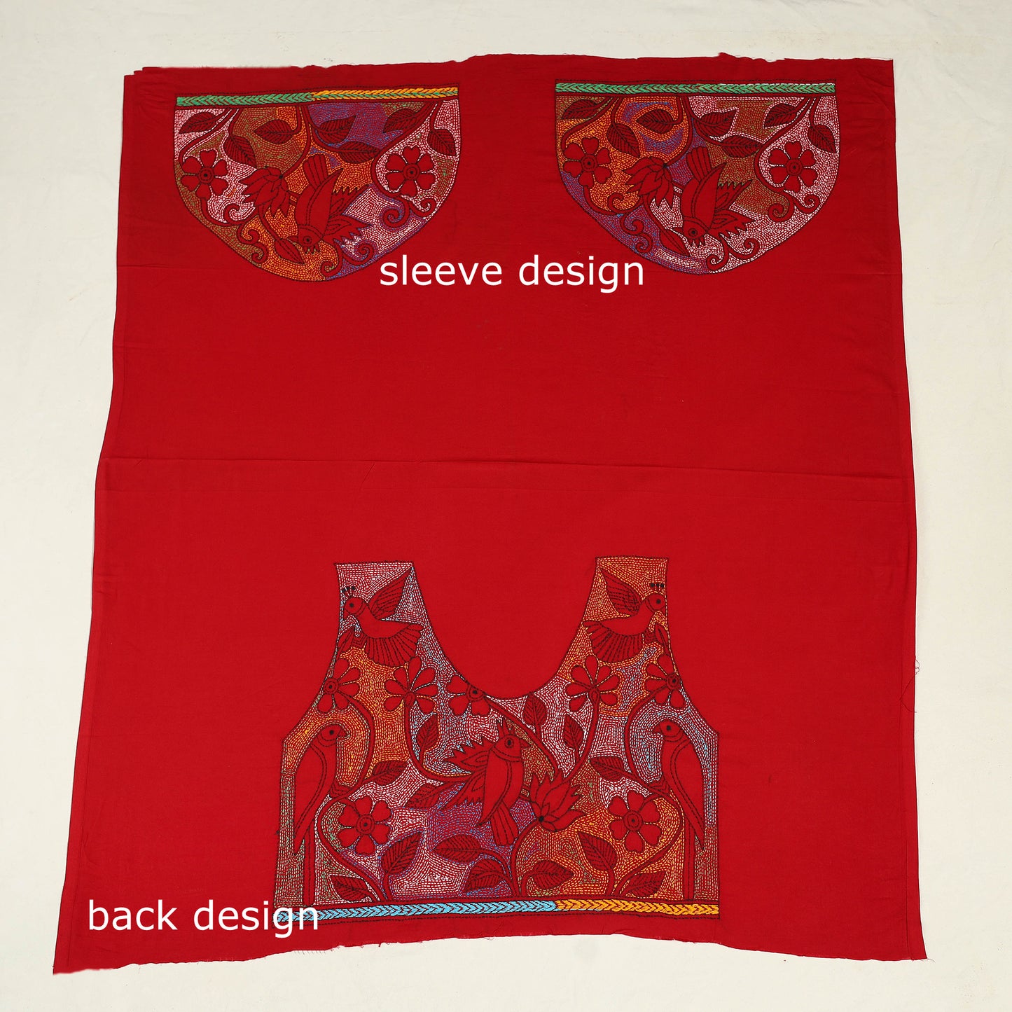 Red Cotton Bengal Kantha Stitch Blouse Piece 