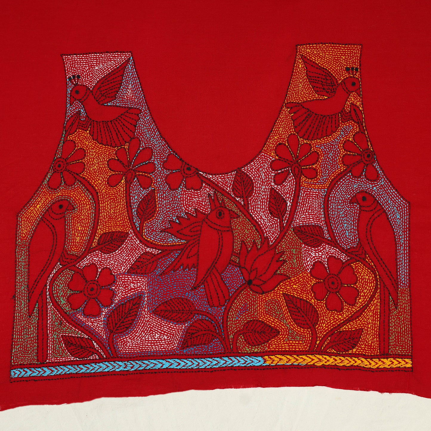 Red Cotton Bengal Kantha Stitch Blouse Piece 