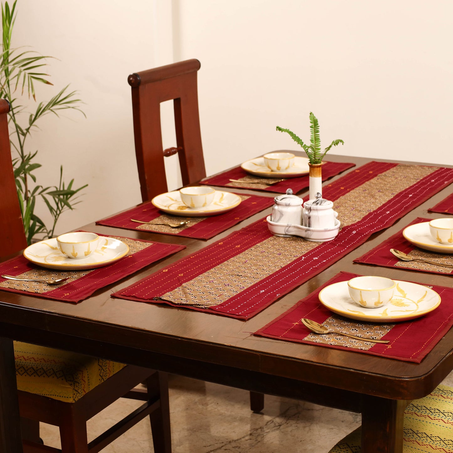 Red - Tagai Work Ajrakh Block Print Cotton Dining Table Runner with Mat Set 44