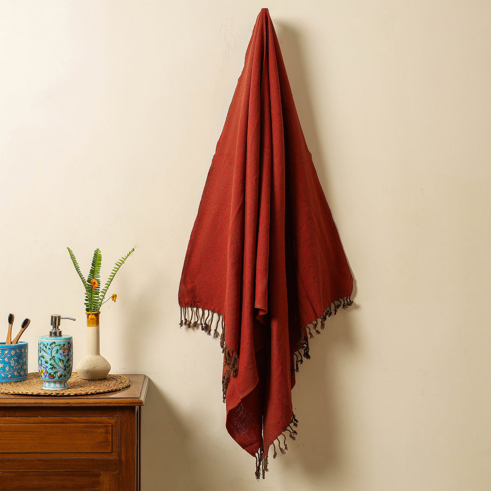 Red - Handloom Cotton Towel with Tassels from Bijnor by Nizam