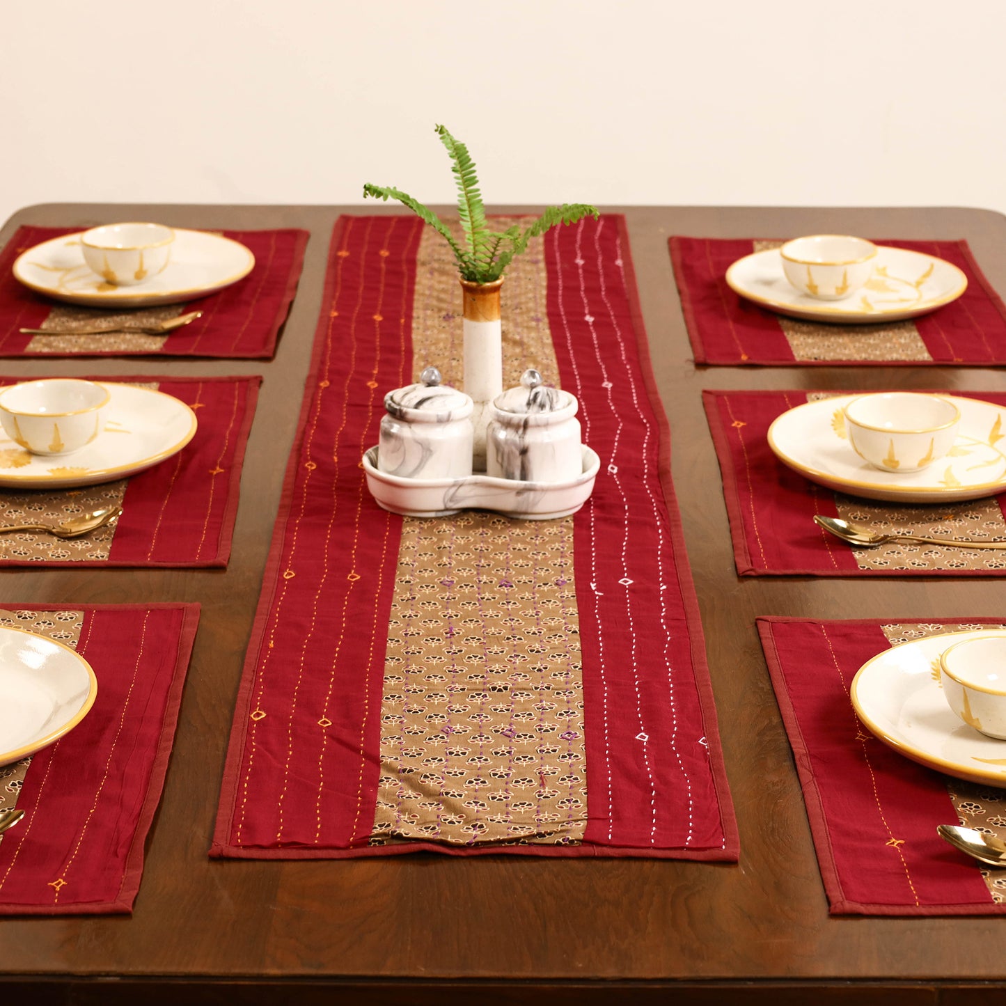 Red - Tagai Work Ajrakh Block Print Cotton Dining Table Runner with Mat Set 44