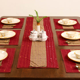 Red - Tagai Work Ajrakh Block Print Cotton Dining Table Runner with Mat Set 44