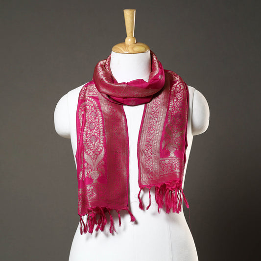 Pink - Banarasi Brocade Handloom Mulberry Silk Stole with Tassels 14