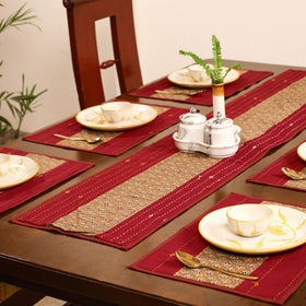 Red - Tagai Work Ajrakh Block Print Cotton Dining Table Runner with Mat Set 44