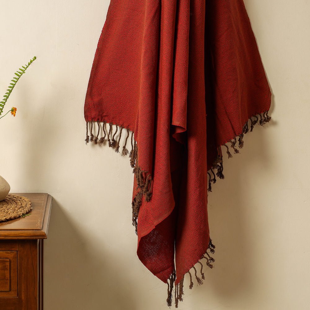 Red - Handloom Cotton Towel with Tassels from Bijnor by Nizam