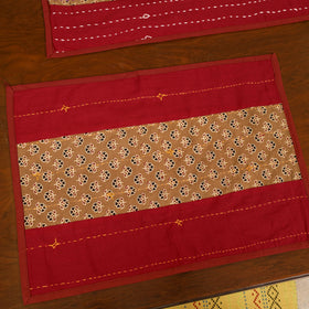 Red - Tagai Work Ajrakh Block Print Cotton Dining Table Runner with Mat Set 44