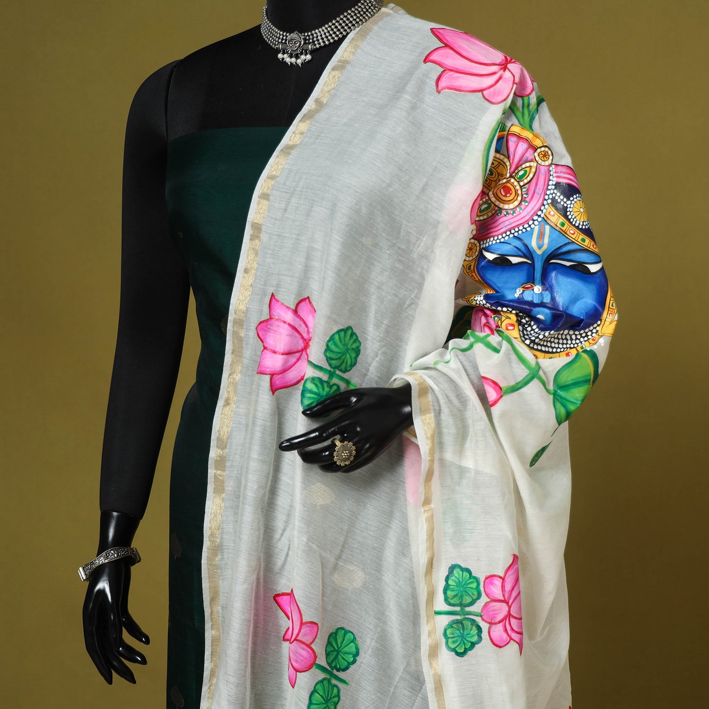 White - chanderi silk handpainted pichwai dupatta 02