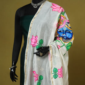 White - chanderi silk handpainted pichwai dupatta 02