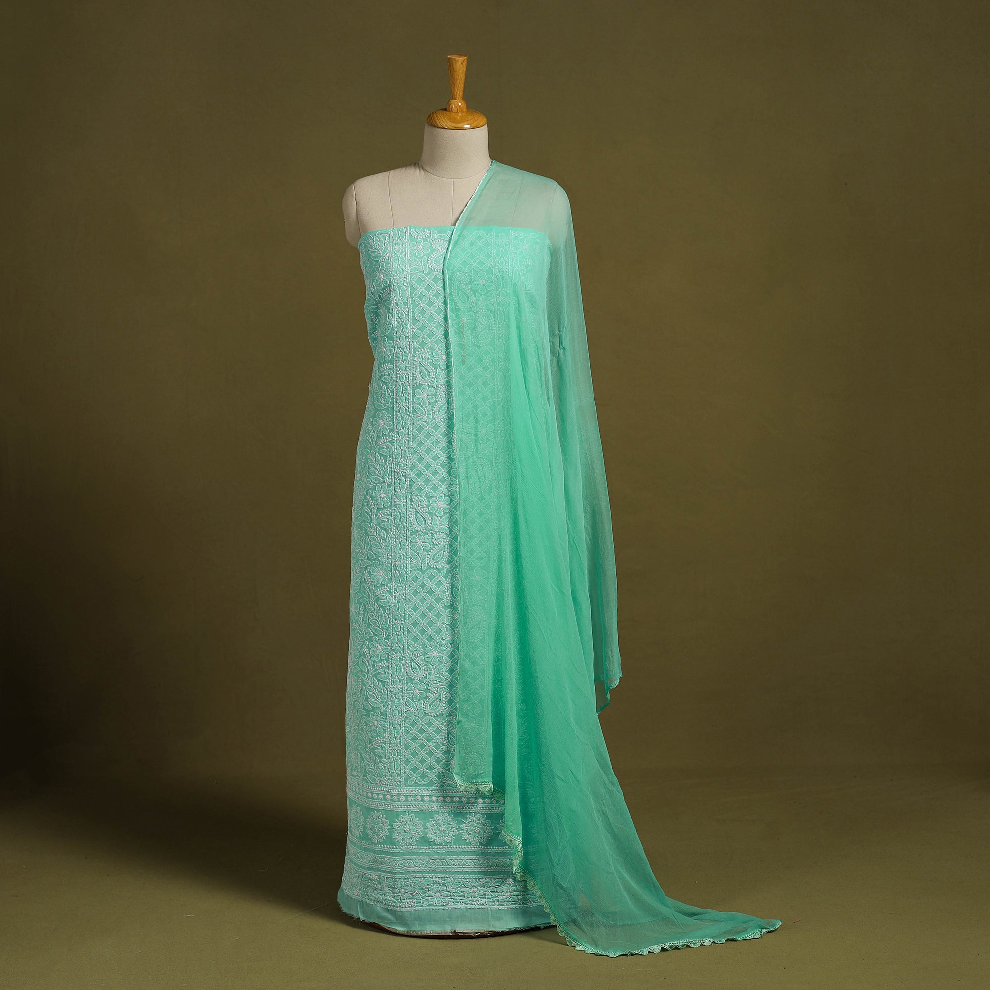Green 3pc Cotton Lucknow Embroidery Chikankari Dress Material