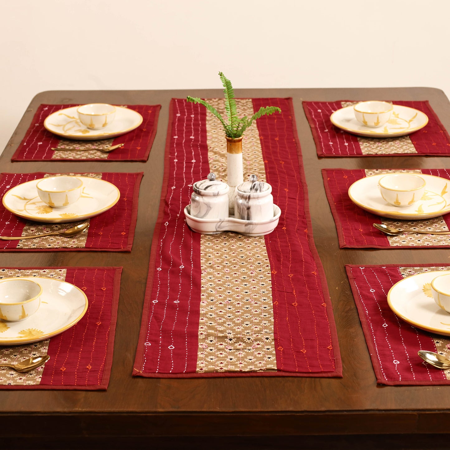 Red - Tagai Work Ajrakh Block Print Cotton Dining Table Runner with Mat Set 45
