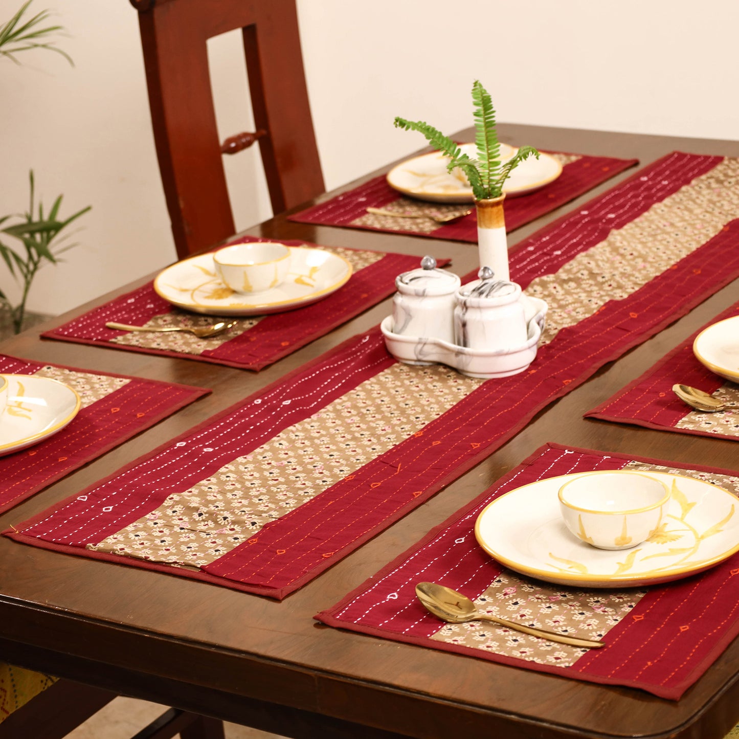 Red - Tagai Work Ajrakh Block Print Cotton Dining Table Runner with Mat Set 45
