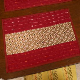 Red - Tagai Work Ajrakh Block Print Cotton Dining Table Runner with Mat Set 45