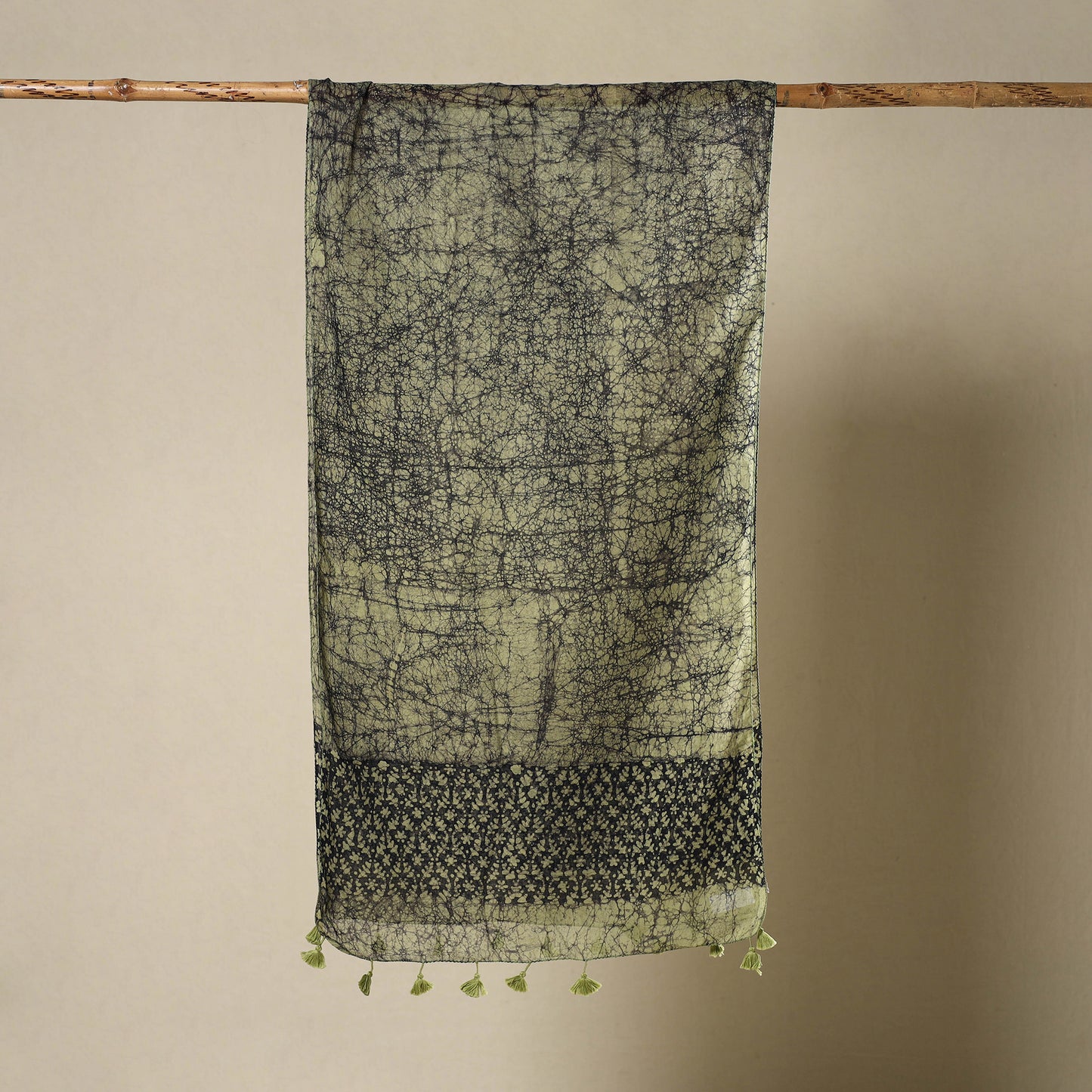  Green Mul Cotton Hand Batik Print Stole with Tassels