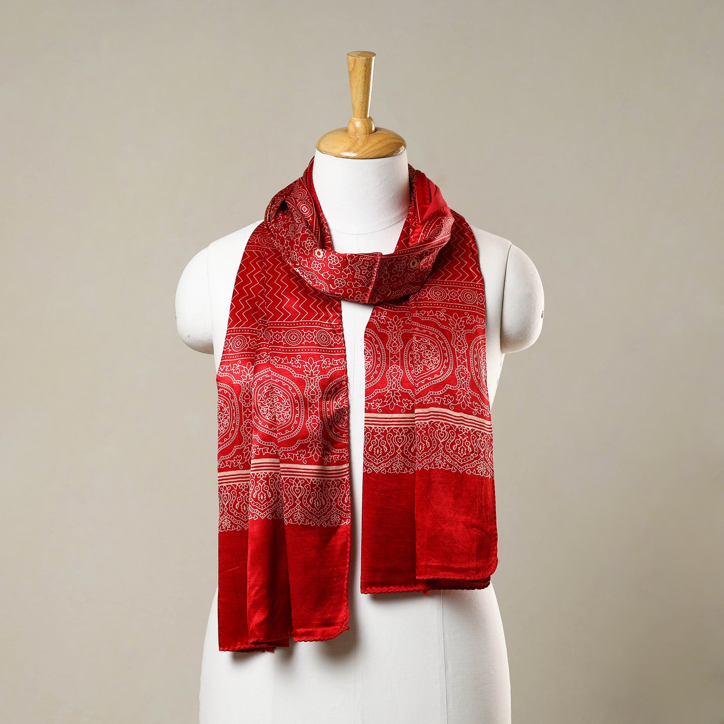 Red - Printed Mashru Silk Ajrakh Stole 02