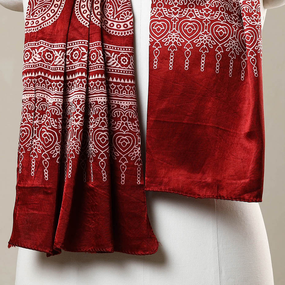 Red - Printed Mashru Silk Ajrakh Stole 03