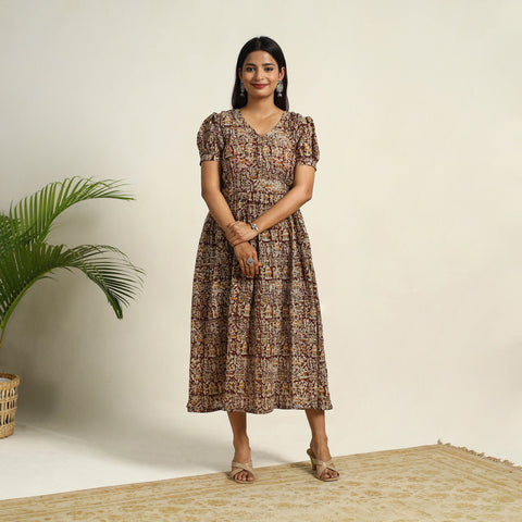 Pedana Block Print Mul Cotton Flared Kalamkari Dress 08